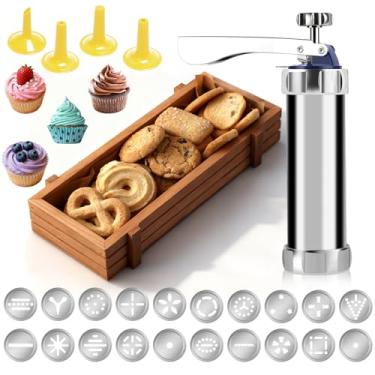 Imagem de YEHOSHUN Kit de prensa de biscoitos, máquina de fazer biscoitos atualizada, prensa de biscoitos spritz de aço inoxidável para assar com 20 discos de cookies e 4 pontas de tubulação, para fazer você