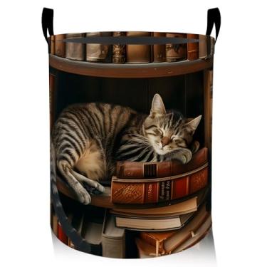 Imagem de ainori Cesta de roupa suja para gatos, pano Oxford, vintage, elegante, cesto dobrável para decoração de quarto, biblioteca de livros e estampa de gatinhos, organizador de brinquedos 40 x 40 cm para
