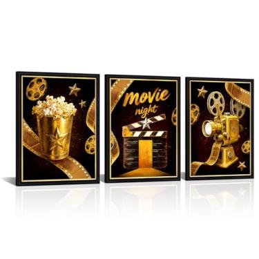 Imagem de RyounoArt Decoração de parede de sala de cinema preto e dourado Home Theater Pictures Wall Art Decoração de sala de cinema emoldurada pronta para pendurar 30,5 x 40,6 cm x 3 peças