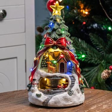 Imagem de MXwcy Vila de árvore de Natal musical animada – Estatueta iluminada com trem de Papai Noel giratório, reproduz 8 canções natalinas, decoração de casa de mesa e presente