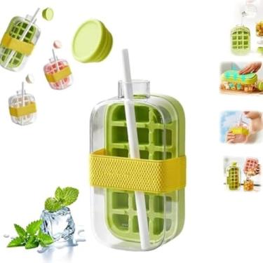 Imagem de Bandejas de gelo de congelador de silicone portátil 2 em 1 bandeja de cubos de gelo Garrafa de água com tampa Pressão zero contato Fabricante de cubos de gelo Ferramenta de cozinha (800Ml Verde)