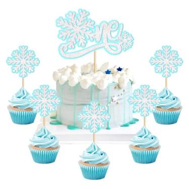 Imagem de Cyodoos 25 PCS Blue Snowflake Cake Toppers Glitter Winter Frozen Theme Snowflake Cupcake Picks for Winter Wonderland Baby Shower Kids Birthday Christmas Party Cake Decorations