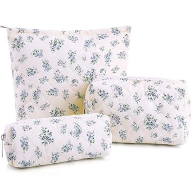 Imagem de Paterr 3 peças de bolsa de maquiagem acolchoada para mulheres com laço floral fofo conjunto de bolsa de cosméticos organizador de estética kit de emergência para viagem de higiene pessoal bolsa de