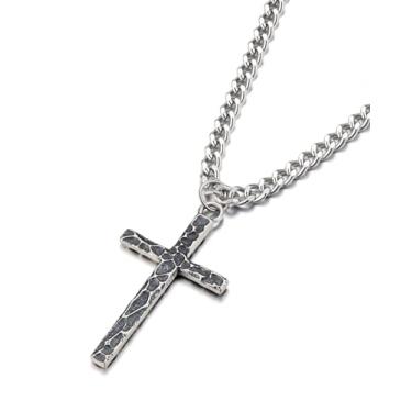 Imagem de PARIVEA Colar masculino com cruz de prata esterlina 925 - Pingente de cruz martelada oxidada com corrente de elos cubanos de aço inoxidável vintage exclusivo crucifixo joias de prata para homens e