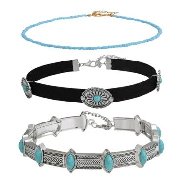 Imagem de Conjunto de colar gargantilha turquesa Boho para mulheres: 3 peças boêmio veludo gargantilha com contas para mulheres acessórios de joias de verão
