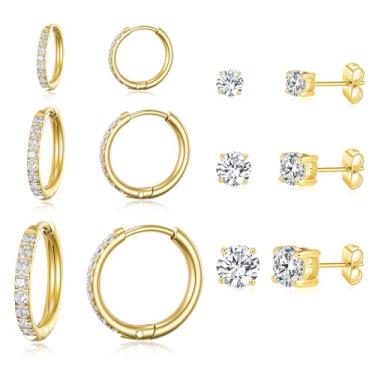 Imagem de Gemsme Brincos de argola de aço inoxidável cirúrgico 316L, banhado a ouro 18 K, conjunto hipoalergênico de zircônia cúbica para mulheres e homens, Aço inoxidável, Zircônia cúbica