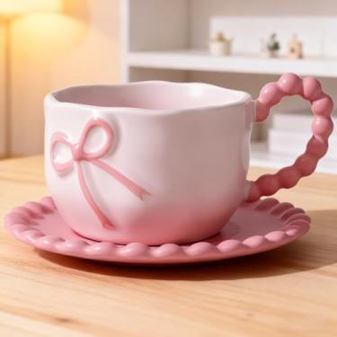 Imagem de Disoza 12 Oz Conjunto De Canecas Café Personalizadas Com Pires Caneca Laço Rosa Coquette Chá Porcelana Bonito Para Mulheres Menina
