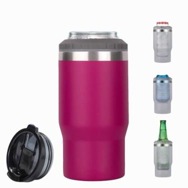 Imagem de FAMKX 14oz 4 em 1 isolador de garrafa de cerveja de aço inoxidável pode arrefecer com 2 tampas para 12oz can&bottle, Thermocooler isolado de parede dupla(vermelho rosa)