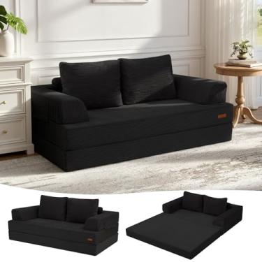 Imagem de COMAX Sofá-cama conversível, sofá dobrável de veludo cotelê dobrável futon colchão com travesseiros, sofá desossado confortável para sala de estar, quarto, preto
