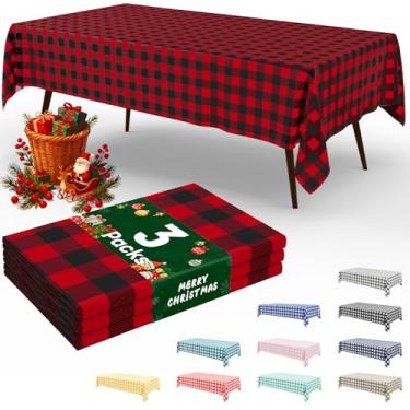 Imagem de misaya Pacote com 3 toalhas de mesa descartáveis de búfalo, toalha de mesa de plástico impermeável, 137 x 272 cm, capas de mesa xadrez retangulares pretas e vermelhas para piquenique, aniversário