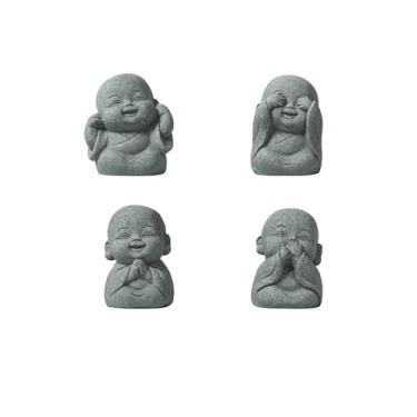 Imagem de Conjunto de 4 peças pequenas de estátua de Buda rindo, escultura de arenito monge zen para decoração de mesa de escritório em casa, presente de boa sorte, presente de boa sorte, decoração de jardim de