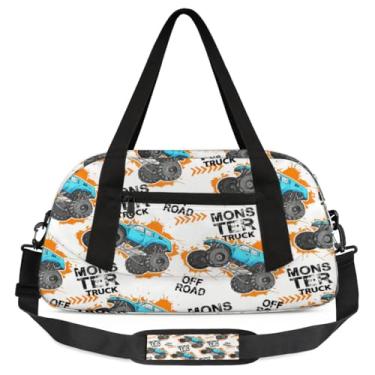 Imagem de Bolsa de viagem de academia para meninos – Bolsa infantil de fim de semana com bolso frontal com zíper para prática escolar, bolsas de mão para adolescentes, Caminhão monstro azul, Carro