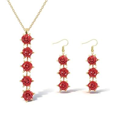 Imagem de Peraca Cris Conjunto de joias de rosa vermelha, colar com pingente de rosa vermelha, brincos de flor, colar de lariat para mulheres, presentes de dia dos namorados para ela, Large, Zinco, Sem Pedra