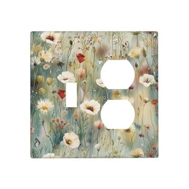 Imagem de BHGAHD Capas de tomada decorativas com design floral em aquarela branca e vermelha, placa de parede de 2 grupos, interruptor de luz duplex, combo de interruptor de luz, capa para quarto, decoração de