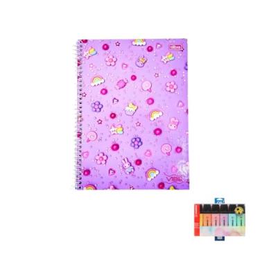 Imagem de Kit Caderno Universitário Vibe Feminino 10M 160F Tilibra + Caneta Esferográfica Spiro 0.7mm + Marca Texto Boss 6 Cores Pastel