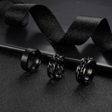 Imagem de 3 anéis masculinos para homens e mulheres de aço inoxidável prata preto anel anel anel de corrente cubana anel giratório anel masculino promessa conjunto de anéis de casamento, Aço inoxidável, Sem