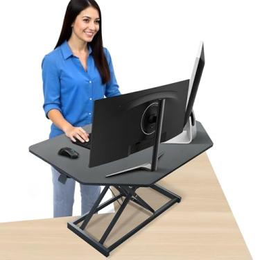 Imagem de Conversor de mesa de canto preto ajustável de 81 cm, suporte de mesa com um clique para sentar para ficar em pé, pré-montado para monitor duplo e estação de trabalho de laptop