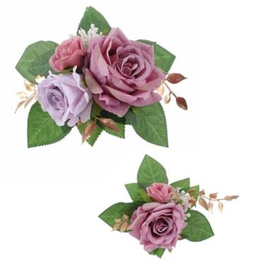 Imagem de 2-Piece Artificial Rose Flower Cake Toppers Set, 9.5 Inch Orange and Peach Roses with Gold Leaves, Wedding Birthday Party Cake Decorations (Purple)