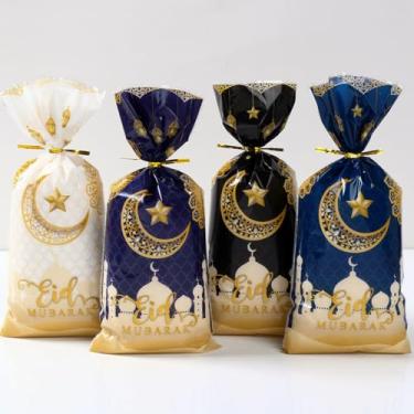 Imagem de 25 peças, 4 estilos, sacos de celofane Eid Mubarak, designs de castelo e lua, sacos transparentes com laços torcidos, saco de doces Ramadan Kareem para lembrancinhas de festa, decorações de lanches de