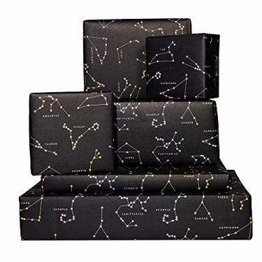 Imagem de CENTRAL 23 Papel de embrulho preto - 6 folhas de embrulho de presente - constelações - zodíaco - mágica - papel de embrulho de aniversário - para meninas meninos mulheres homens - Natal Halloween