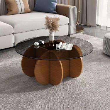 Imagem de Yadlan Mesas de centro redondas de vidro elegante mesa de centro redonda com pernas de madeira maciça e mesa de vidro temperado para sala de estar casa pequeno espaço recepção mesas de escritório cor