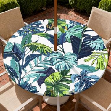 Imagem de Yesad Toalha de mesa redonda para uso ao ar livre com orifício para guarda-chuva, toalha de mesa com zíper e borda elástica, capa de toalha de mesa à prova d'água para piqueniques, serve para mesa