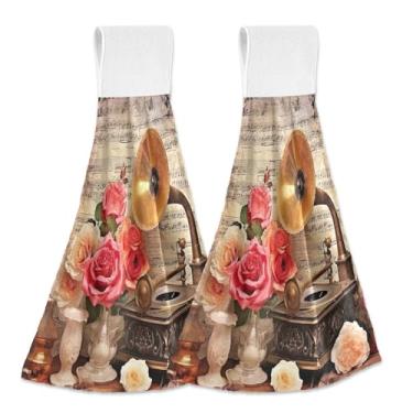 Imagem de Wassud Toalhas de mão penduradas de cozinha, pacote com 2, toalhas de banheiro vintage super macias de gramofone e rosas com laços de adesivo mágico, toalha de secagem rápida altamente absorvente para