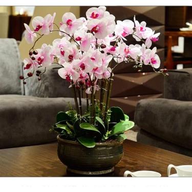 Imagem de LMJYU Orquídeas falsas de poliuretano com vaso de cerâmica flores artificiais Phalaenopsis 60 cm decoração de flores artificiais orquídea artificial