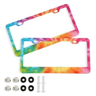 Imagem de CEBUGI Pacote com 2 molduras de placa de carro de alumínio capas de moldura de placa de carro com 2 furos coloridos tie-dye acessórios automotivos para placas dianteiras e traseiras orifício elíptico