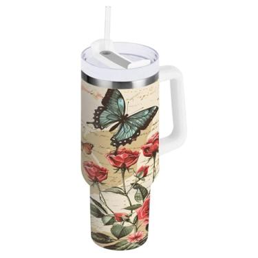 Imagem de CEBUGI Copo de 1,134 g com alça copos isolados com tampa e canudo Garrafa de água reutilizável de aço inoxidável à prova de vazamento Caneca de café de viagem vintage Torre Eiffel