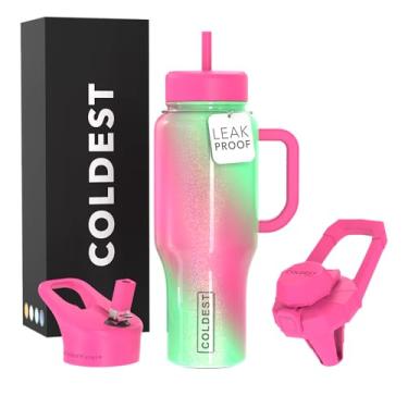 Imagem de Copo Coldest com alça e canudo - Copo 100% à prova de derramamento com canudo (3 tampas) - Copos isolados de aço inoxidável à prova de vazamento para mulheres e homens - 1,020 g (Coldie Dream)