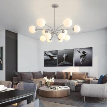 Imagem de Lustre pendente Sputnik de 12 luzes, estilo meados do século XX, em metal, para sala de jantar, ilha de cozinha, lustre moderno em formato de globo, luminária de teto para sala de estar, hal