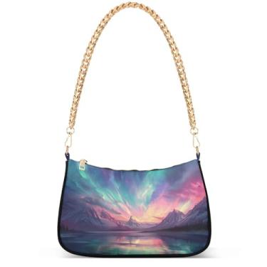 Imagem de Bolsas femininas de inverno com pintura de trem da vila fofas pequenas bolsas femininas bolsas femininas com corrente de ombro bolsas de ombro festa, Aurora Sky Lake Landscape