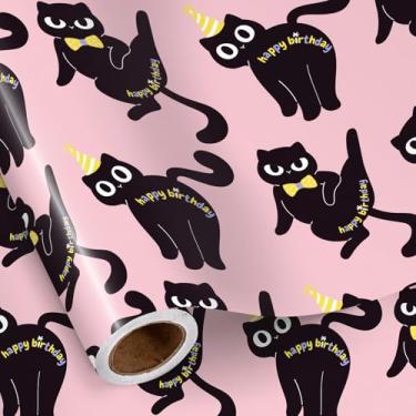 Imagem de RUSPEPA Rolo de papel de embrulho de aniversário de gato, mini rolo, gato preto fofo com chapéu de festa e gravata borboleta, embrulho de presente rosa divertido para crianças, meninas, amantes de