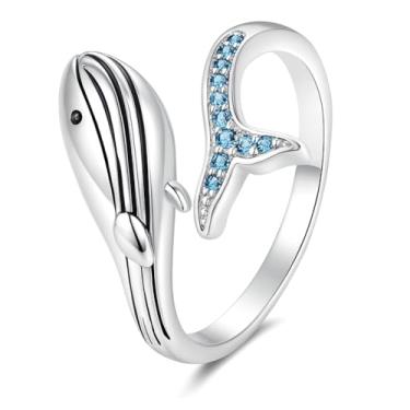 Imagem de SUPAC Anel de baleia de aço inoxidável com pedras de cristal azul, faixa ajustável aberta, tamanho de 1,5 cm, design de animal marinho, Adjustable, Aço inoxidável, Sem pedra preciosa