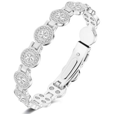 Imagem de Feraco Pulseiras femininas de cobre puro, 4 pulseiras magnéticas de ultra resistência com ímãs de neodímio de 3800 gauss e cristais de corte austríaco cintilantes, presente de joia ajustável (prata)