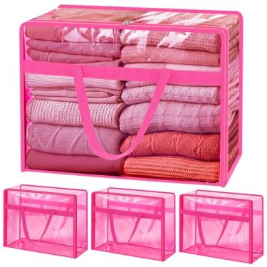 Imagem de SGHUO Sacos de armazenamento transparentes 60L extra grande de vinil de plástico para roupas, edredom, roupa de cama, bolsas de mudança com zíper e alça reforçada (4 peças, rosa)