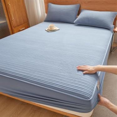 Imagem de Lençol com elástico elástico, capa de cama de colchão acolchoado, roupa de cama luxuosa, lavável na máquina, macio, sem rugas, fácil instalação, para casa e hotel-azul||90 x 190 cm