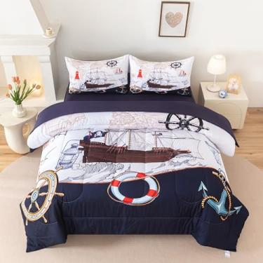 Imagem de DYcolor Conjunto de edredom vintage com estampa de âncora de farol de pirata, pirata, 5 peças, lençol de cima e elástico com fronhas para decoração de quarto adulto costeiro (02 (5 peças), Queen)