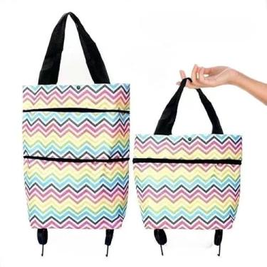 Imagem de Carrinho Dobrável Portátil 30kg - Leve com Rodas Silenciosas, Trailer Pequeno Doméstico, Ideal para Compras, Feira e Transporte de Itens Leves (Cor listrada)