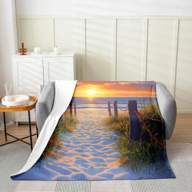 Imagem de jejeloiu Cobertor de lã com tema de praia Queen 228,6 cm x 228,6 cm plantas verdes de madeira cobertor de flanela felpudo para meninos meninas mar oceano onda verão litoral cenário natural para cama