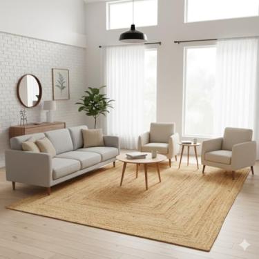 Imagem de Craft Trade Tapete trançado de juta, feito à mão, rústico, casa de fazenda, reversível, para ambientes internos e externos, tapete com detalhes bege neutro para quarto, cozinha, sala de estar e áreas