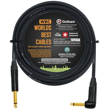 Imagem de Cabo de instrumentos de baixo para guitarra Gotham GAC-1 Ultra Pro – Boné baixo premium (21 pf/F) – com conectores T de ouro neutrik retos a angulares de 6,35 mm – Feito sob medida pelos melhores cabos do mundo