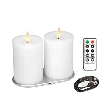 Imagem de CozierGlow Vela recarregável sem chama com temporizador remoto, velas de pilar LED de cera real em movimento 3D (branco, 7 x 10 cm)