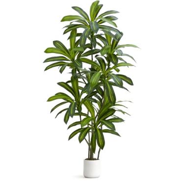 Imagem de Árvore Dracaena artificial de 1,8 m de altura, planta de piso artificial realista para decoração de casa e escritório, vaso redondo branco com pedras decorativas – UPBUD