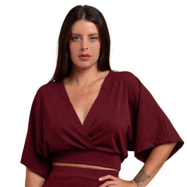 Imagem de Blusa Manga Morcego Cropped Feminino Decote V Canelada Soltinha Manga 