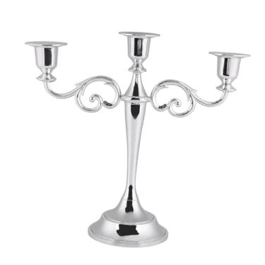 Imagem de Phefop Candelabros de Metal Com 3 Braços, Castiçais Suportes de Castiçais Elegantes para Mesa de Jantar de Casamento Festa de Natal Decoração de Casa Candelabros de Metal Com 3 Braços de 9,8 (Prata)