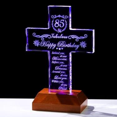 Imagem de Ornalrist Presentes religiosos de aniversário de 85 anos para mulheres, homens, mamãe e papai - cruz de vidro com base de madeira de LED multicolorida, bênção de aniversário de 85 anos para vovó