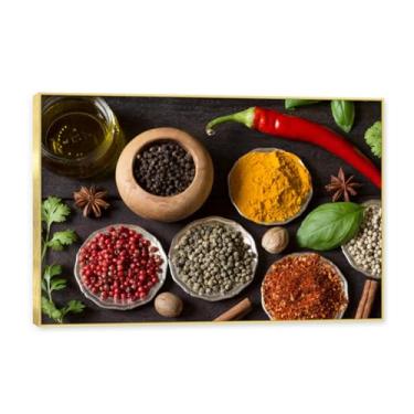 Imagem de NHLDZYH Moldura dourada. Arte de parede em tela de especiarias coloridas e colher de tempero | Decoração de cozinha vintage | Arte moderna para casa e sala de jantar. C116. 70 x 105 cm - 27,6 x 41,4