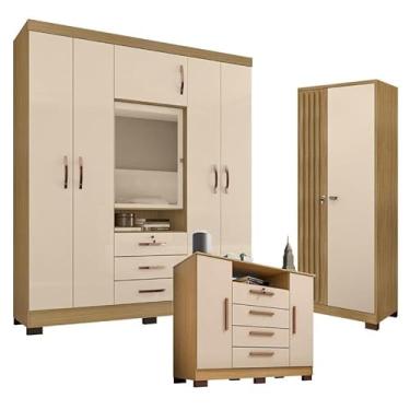 Imagem de Guarda Roupa Casal Imperial e Cômoda Madri com Armário Multiuso Versatile Carvalho Americano Off White - Incorplac